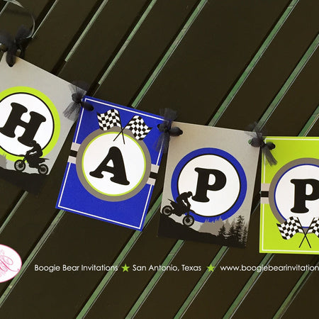 Dirt Bike Happy Birthday Party Banner Blue Lime Green Boy Girl Enduro Motocross Motorcycle Racing Race Boogie Bear Invitations Randall Theme