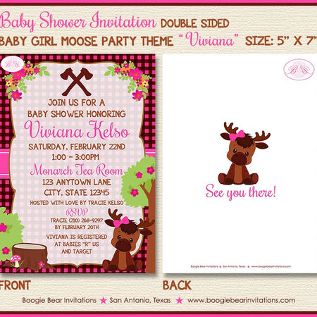 Baby Girl Moose Baby Shower Invitation Pink Forest Woodland Animals Calf Boogie Bear Invitations Viviana Theme Paperless Printable Printed