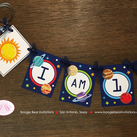 Outer Space Birthday Party I am 1 Banner Highchair Boy Girl Science Planet 1st 2nd 3rd 4th 5th 6th 7th Boogie Bear Invitations Galileo Theme
