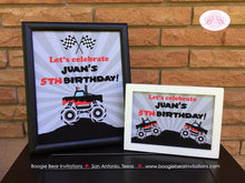 Load image into Gallery viewer, Monster Truck Birthday Party Sign Poster Red Black Frameable Boy Girl Smash Up Demo Arena Show Event Jump Boogie Bear Invitations Juan Theme