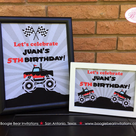 Monster Truck Birthday Party Sign Poster Red Black Frameable Boy Girl Smash Up Demo Arena Show Event Jump Boogie Bear Invitations Juan Theme
