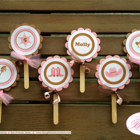 Pink Cowgirl Birthday Party Cupcake Toppers Set Horse Girl Sheriff Hoedown Hat Boots Country Rodeo Boots Boogie Bear Invitations Molly Theme