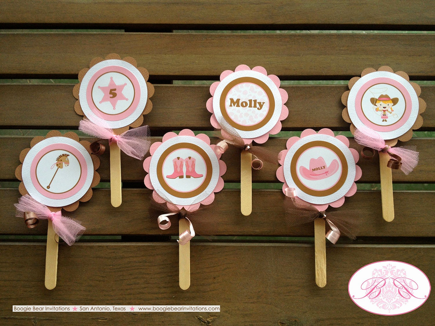 Pink Cowgirl Birthday Party Cupcake Toppers Set Horse Girl Sheriff Hoedown Hat Boots Country Rodeo Boots Boogie Bear Invitations Molly Theme