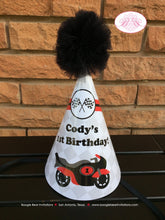 Load image into Gallery viewer, Red Motorcycle Birthday Party Hat Racing Boy Girl Black Grey Stripe Motocross Enduro Race Street Track Boogie Bear Invitations Cody Theme