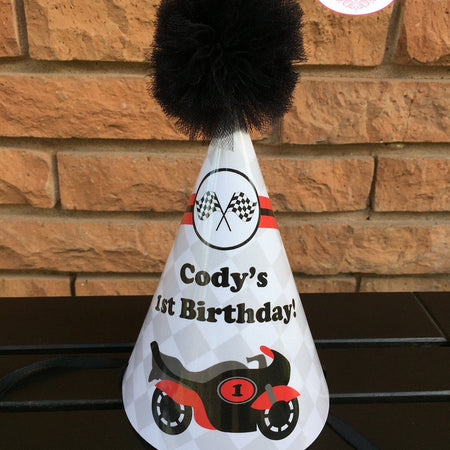 Red Motorcycle Birthday Party Hat Racing Boy Girl Black Grey Stripe Motocross Enduro Race Street Track Boogie Bear Invitations Cody Theme