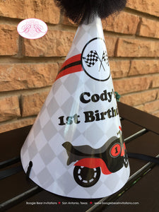 Red Motorcycle Birthday Party Hat Racing Boy Girl Black Grey Stripe Motocross Enduro Race Street Track Boogie Bear Invitations Cody Theme