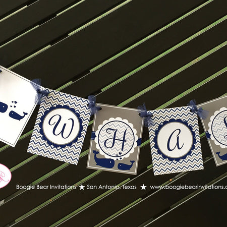Navy Blue Whale Baby Shower Party Banner Welcome Boy Girl Royal Grey Come Little Pool Chevron Boogie Bear Invitations Kristy Theme Printed