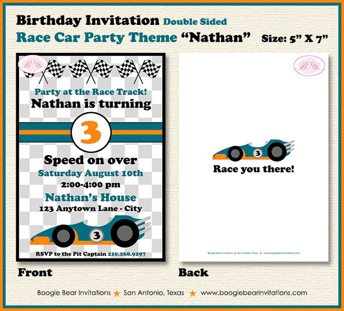 Race Car Birthday Party Invitation Orange Teal Grand Prix Racing Track Boy Boogie Bear Invitations Nathan Theme Paperless Printable Printed