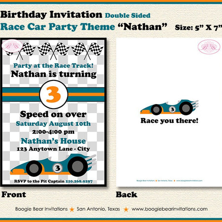 Race Car Birthday Party Invitation Orange Teal Grand Prix Racing Track Boy Boogie Bear Invitations Nathan Theme Paperless Printable Printed
