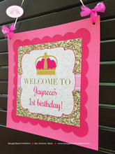 Load image into Gallery viewer, Pink Gold Princess Door Banner Birthday Party Girl Glitter Queen Crown Castle Royal Ball Formal Dance Boogie Bear Invitations Jaynece Theme