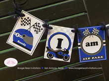 Load image into Gallery viewer, Motorcycle Birthday I am 1 Highchair Banner Party Blue Black Driver Speed Racing Stripe Boy Girl 1st 2nd Boogie Bear Invitations Randy Theme