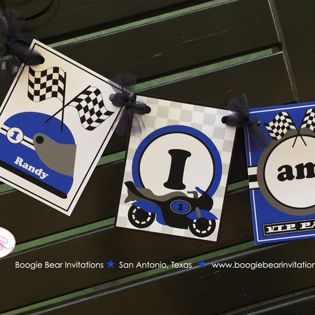 Motorcycle Birthday I am 1 Highchair Banner Party Blue Black Driver Speed Racing Stripe Boy Girl 1st 2nd Boogie Bear Invitations Randy Theme