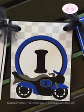 Load image into Gallery viewer, Motorcycle Birthday I am 1 Highchair Banner Party Blue Black Driver Speed Racing Stripe Boy Girl 1st 2nd Boogie Bear Invitations Randy Theme