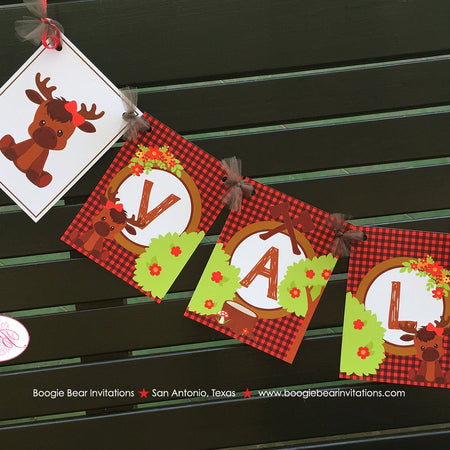 Little Moose Baby Shower Party Banner Birthday Red Forest Woodland Animals Calf Plaid Boy Girl 1st Boogie Bear Invitations Valerie Theme