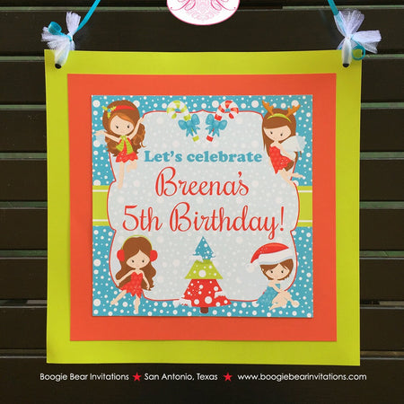 Christmas Fairy Birthday Party Door Banner Girl Winter Red Green Blue Snow Snowing Fairies Woodland Fly Boogie Bear Invitations Breena Theme