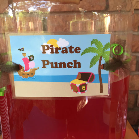 Pink Pirate Party Beverage Card Birthday Drink Label Beach Girl Swim Swimming Ocean Island Pool Beach Boogie Bear Invitations Angelica Theme