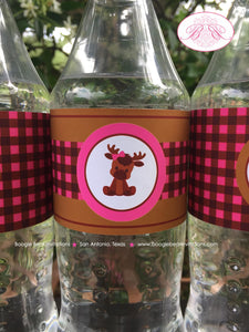 Little Moose Baby Shower Bottle Wraps Wrapper Cover Label Girl Pink Forest Woodland Animal Party Plaid Boogie Bear Invitations Viviana Theme