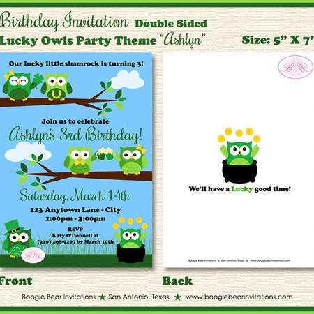 St. Patrick's Birthday Party Invitation Day Owls Girl Boy Lucky Shamrock Boogie Bear Invitations Paperless Printable Printed Ashlyn Theme
