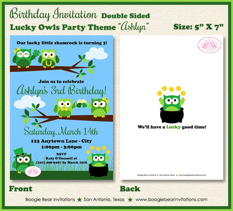 St. Patrick's Birthday Party Invitation Day Owls Girl Boy Lucky Shamrock Boogie Bear Invitations Paperless Printable Printed Ashlyn Theme
