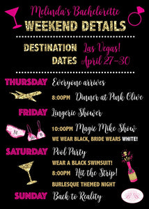 Destination Bachelorette Party Invitation Girl Pink Gold Black Itinerary Boogie Bear Invitations Melinda Theme Paperless Printable Printed