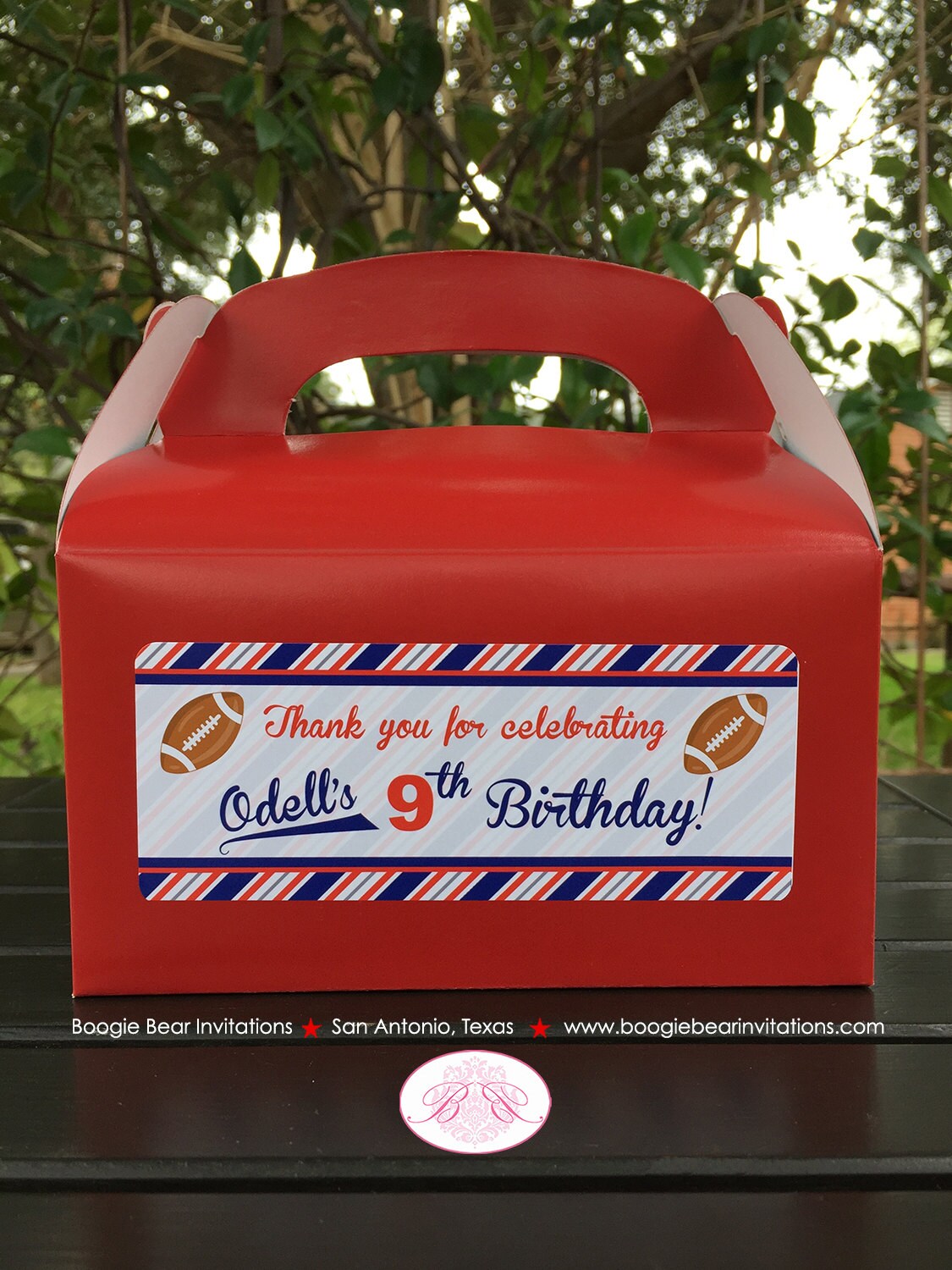 Football Birthday Party Treat Boxes Bag Red White Blue Favor Tag Touchdown Foot Ball Athletic Field Game Boogie Bear Invitations Odell Theme