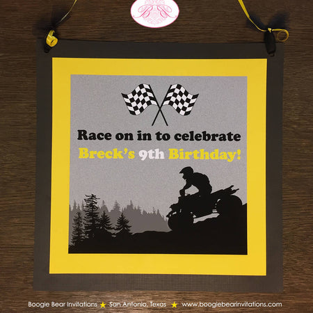ATV Off Road Birthday Door Banner Sign Party Quad Boy Girl Yellow Black All Terrain Vehicle 4 Wheeler Boogie Bear Invitations Breck Theme