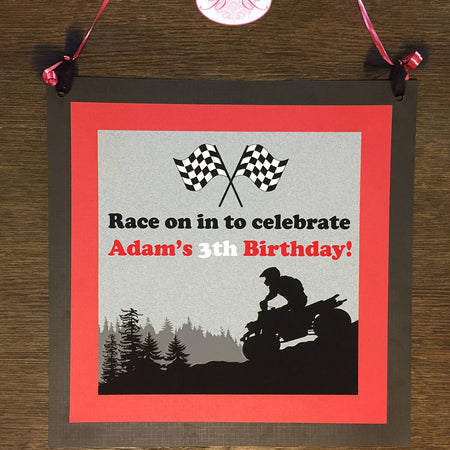 Red ATV Off Road Birthday Door Banner Black Party Quad All Terrain Vehicle 4 Wheeler Racing Boy Girl Boogie Bear Invitations Adam Theme