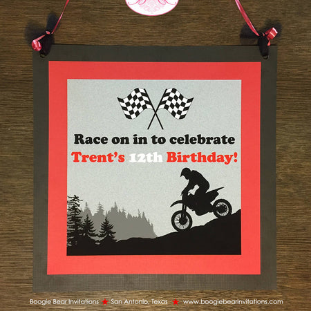 Dirt Bike Birthday Party Door Banner Off Road Boy Girl Red Black Enduro Motorcycle Motocross Race Sports Boogie Bear Invitations Trent Theme