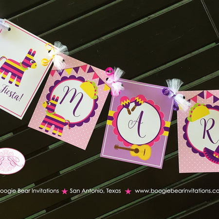 Fiesta Taco Birthday Party Name Banner Girl Pink Yellow Purple Cinco De Mayo 1st 2nd 3rd 4th 5th 6th Boogie Bear Invitations Mariela Theme