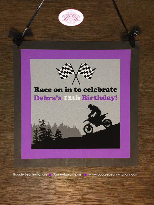 Dirt Bike Birthday Party Door Banner Off Road Girl Purple Black Enduro Motorcycle Motocross Race Racing Boogie Bear Invitations Debra Theme