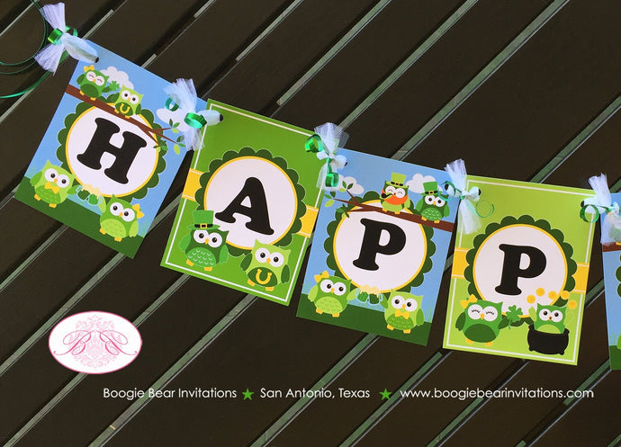 St. Patrick's Day Happy Birthday Banner Party Owl Girl Boy Lucky Green Woodland 1st 2nd 3rd 4th 5th 6th Boogie Bear Invitations Ashlyn Theme
