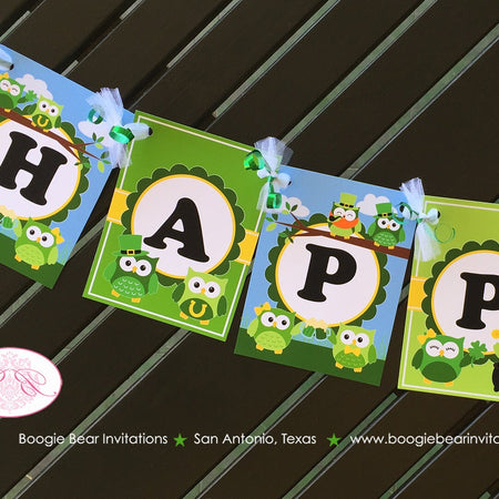 St. Patrick's Day Happy Birthday Banner Party Owl Girl Boy Lucky Green Woodland 1st 2nd 3rd 4th 5th 6th Boogie Bear Invitations Ashlyn Theme