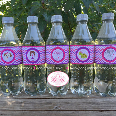 Vet Doctor Girl Birthday Party Bottle Wraps Wrappers Cover Label Purple Pink Veterinarian Clinic Nurse Boogie Bear Invitations Catrice Theme