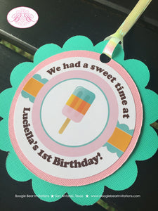 Pink Popsicle Birthday Party Favor Tags Ice Cream Orange Aqua Turquoise Vintage Retro Summer Boy Girl Boogie Bear Invitations Luciella Theme