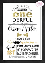 Load image into Gallery viewer, Mr. Wonderful Birthday Party Invitation Bow Tie Little Man Black Gold ONE 1st Boogie Bear Invitations Owen Theme Paperless Printable Printed