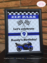 Load image into Gallery viewer, Motorcycle Birthday Party Sign Poster Blue Black Frameable Boy Girl Motocross Enduro Racing Race Track Boogie Bear Invitations Randy Theme