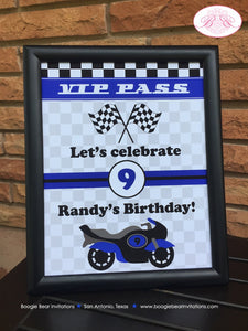 Motorcycle Birthday Party Sign Poster Blue Black Frameable Boy Girl Motocross Enduro Racing Race Track Boogie Bear Invitations Randy Theme