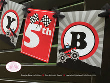 Load image into Gallery viewer, Monster Truck Happy Birthday Banner Party Red Black Grey Boy Girl Smash Up Show Arena Crash Retro Driver Boogie Bear Invitations Juan Theme