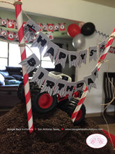 Load image into Gallery viewer, Monster Truck Cake Party Banner Topper Flag Pennant Happy Birthday Smash Up Show Arena Racing Red Black Boogie Bear Invitations Juan Theme