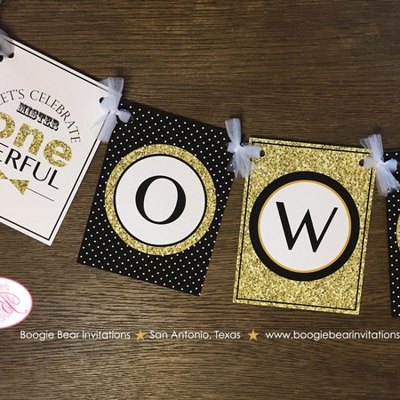Mr. Wonderful Birthday Party Banner Bow Tie Little Man Black Onederful Polka Dot Glitter Gold ONE 1st 2nd Boogie Bear Invitations Owen Theme