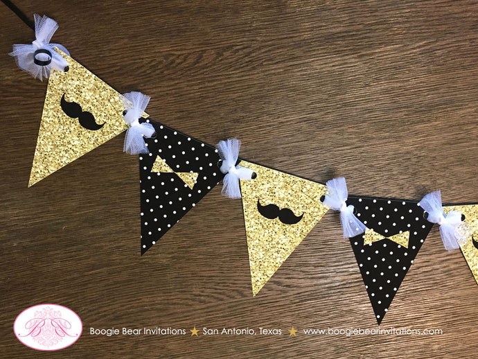 Mr. Wonderful Birthday Party Banner Pennant Garland Boy Gold Black White ONE Onederful Bow Tie Mustache Boogie Bear Invitations Owen Theme