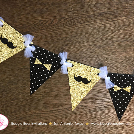 Mr. Wonderful Birthday Party Banner Pennant Garland Boy Gold Black White ONE Onederful Bow Tie Mustache Boogie Bear Invitations Owen Theme