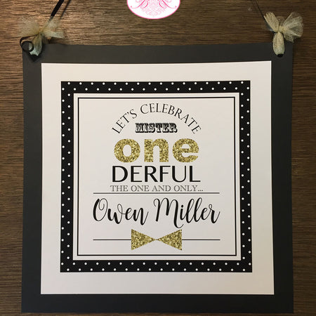 Mr. Wonderful Birthday Party Door Banner 1st ONE Onederful Little Man Bow Tie Black White Gold Elegant Boogie Bear Invitations Owen Theme