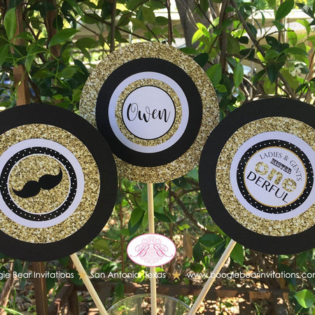 Mr. Wonderful Birthday Party Centerpiece Set 1st ONE Onederful Little Man Bow Tie Black White Gold Formal Boogie Bear Invitations Owen Theme