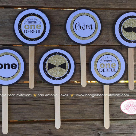 Mr. Wonderful Birthday Party Cupcake Toppers Set 1st ONE Onederful Little Man Bow Tie Black White Gold Boogie Bear Invitations Owen Theme