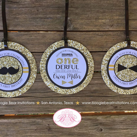 Mr. Wonderful Party Favor Tags Birthday 1st ONE Onederful Bow Tie Mustache Black White Glitter King Gold Boogie Bear Invitations Owen Theme