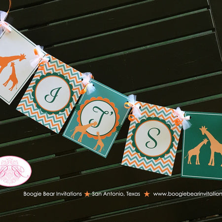 Orange Teal Giraffe It's a Boy Party Banner Little Baby Shower Aqua Green Blue Chevron Girl Zoo Wild 1st Boogie Bear Invitations Kelly Theme