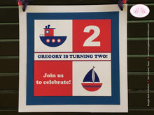 Load image into Gallery viewer, Sail Tug Boat Party Door Banner Birthday Ship Boy Girl Red Blue Sailing Ocean Nautical Lighthouse Flag Boogie Bear Invitations Gregory Theme