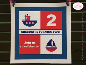 Sail Tug Boat Party Door Banner Birthday Ship Boy Girl Red Blue Sailing Ocean Nautical Lighthouse Flag Boogie Bear Invitations Gregory Theme