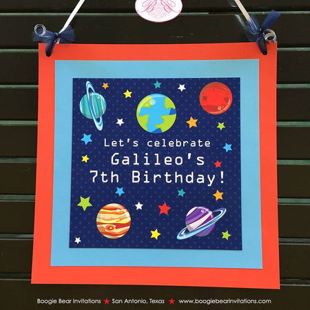 Outer Space Birthday Party Door Banner Galaxy Girl Boy Planet Stars Moon Earth Solar System Astronaut Boogie Bear Invitations Galileo Theme